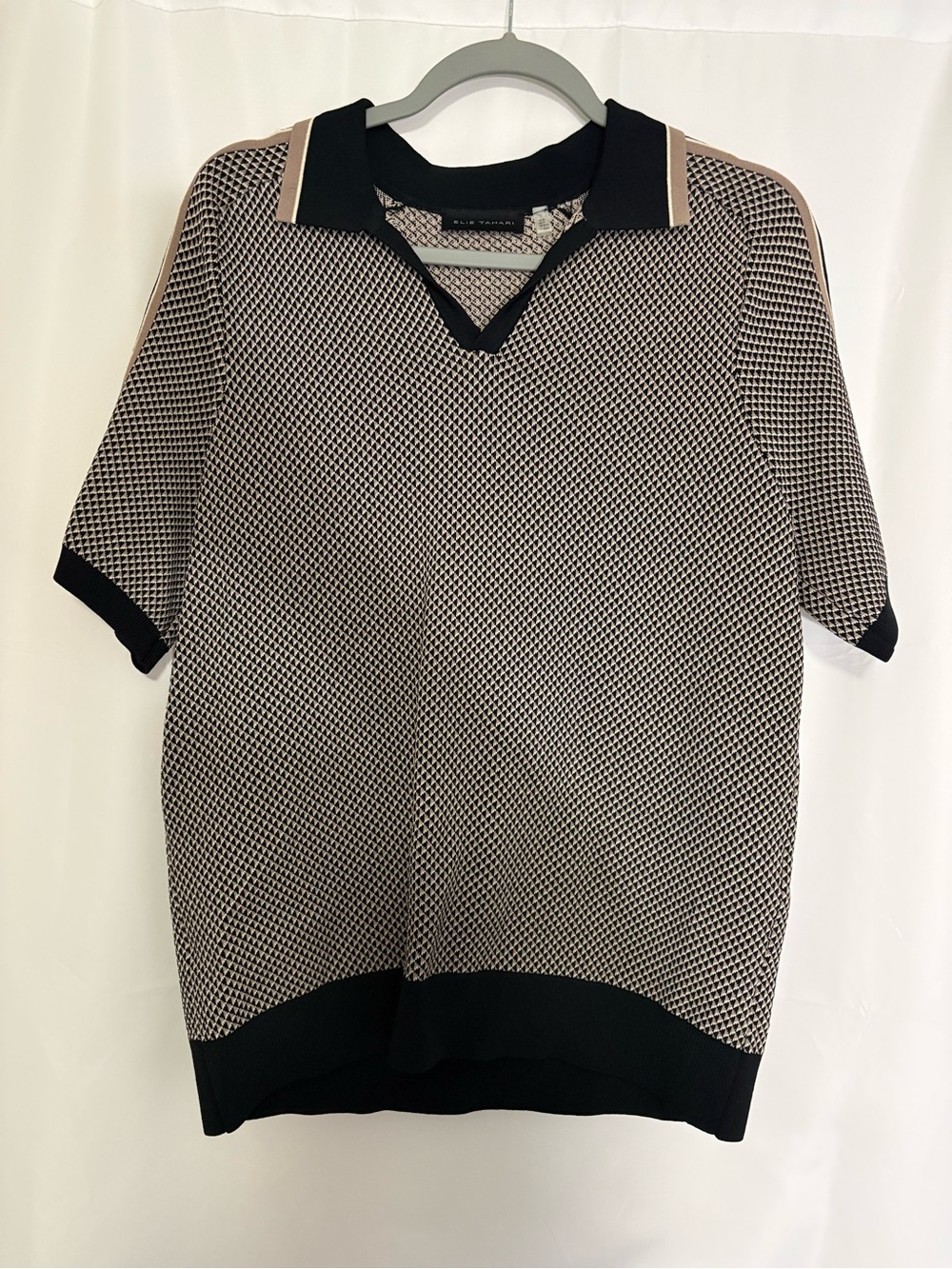 Elie Tahari Black and Beige Patterned Knit Polo